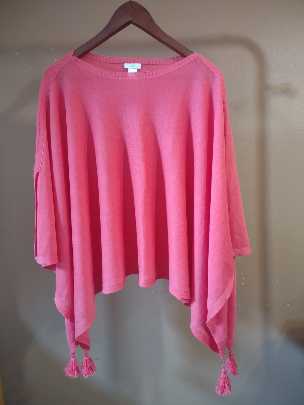 J. Jill Coral Pink Tassel Poncho Boho Layer Sweater